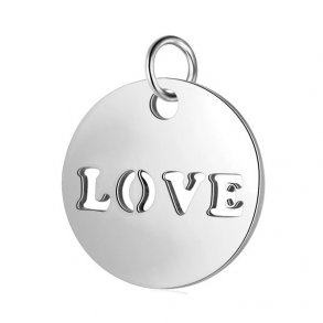 Anhänger, Stahl, flache Runde mit dem Wort LOVE, 12x1 mm,1 Stk.