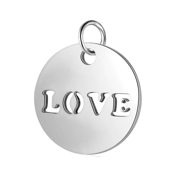 Pendant, stainless steel, flat round with word LOVE, 12x1mm, 1pc