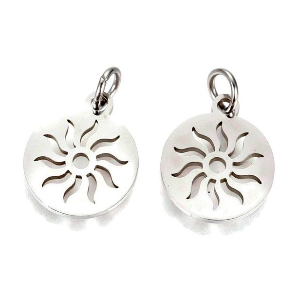 Pendant, stainless steel, flat round with sign of the sun, 12x1mm, 1pc