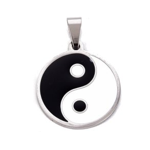 Yin Yang, Anhänger, Stahl, Münzform mit Emaille, schwarz und weiß, 20x22x1,5 mm, 1 Stck