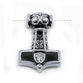 Thor's hammer, decorated steel, 30x21x9mm, Hole size 3.5mm, 1pc.