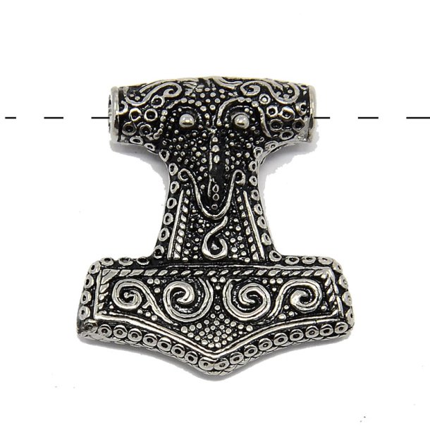 Thor's hammer, Mjolnir, decorated steel pendant, 35x32x9mm, Hole size 4 mm, 1pc