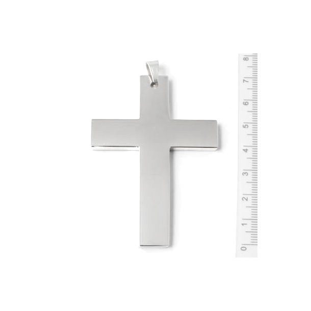 Pendant, large polished cross, stainless steel, 70x5,3x4mm, 1pc