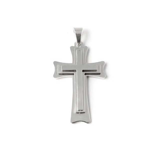 Layered cross with bail, pendant for necklace, steel, 65x40x3mm, 1pc
