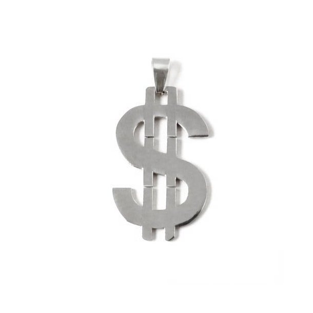 Dollar sign pendant with bail and 2 stripes, stainless steel, 39x24mm, 1pc.
