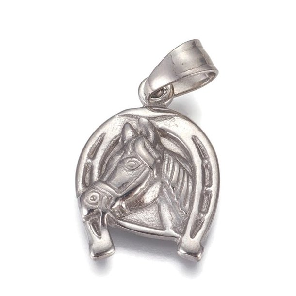 Pendant, horse with horseshoe, stainless steel, 24.5x17x3mm, 1pc.