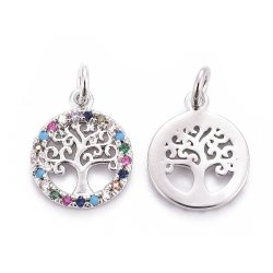 Anh&auml;nger, Stahl, flach, rund, Zirkonia und Baum des Lebens, 12x1,5 mm, 1 Stk