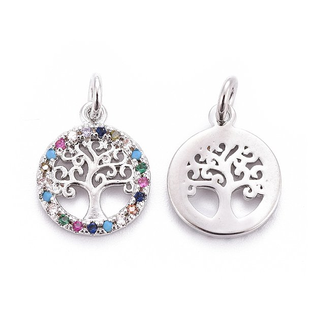 Pendant, stainless steel, flat round, tree of life with Zircon, 12x1.5mm, 1pc