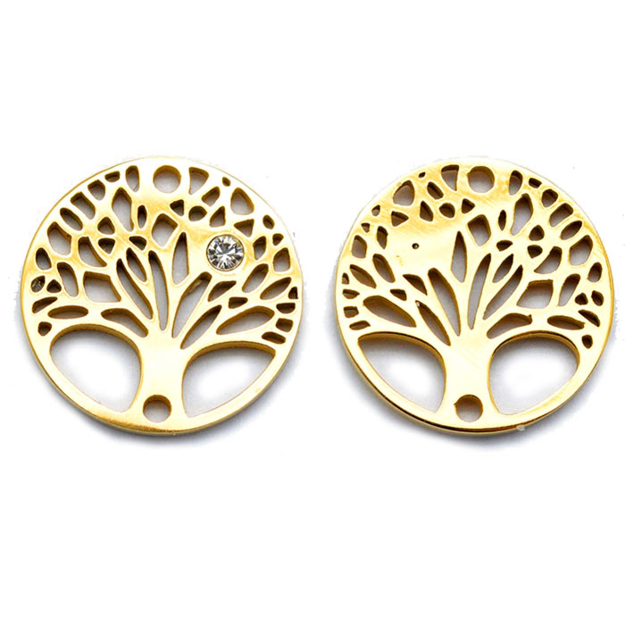Anhänger / Zwischenstück, vergoldeter Stahl, rund, mit Zirkonia und Baum des Lebens, 15x2 mm, 1 Stk