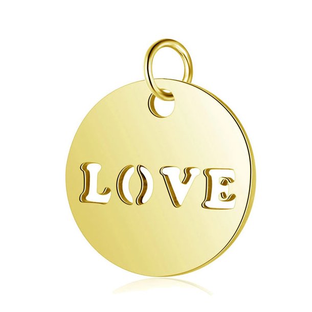 Pendant, gold plated stainless steel, flat round with word LOVE, 12x1mm, 1pc
