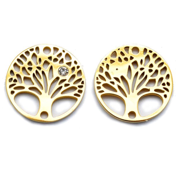 Pendant / link, gold plated steel, flat round, with cubic zirconia and tree of life, 15x2mm, 1pc