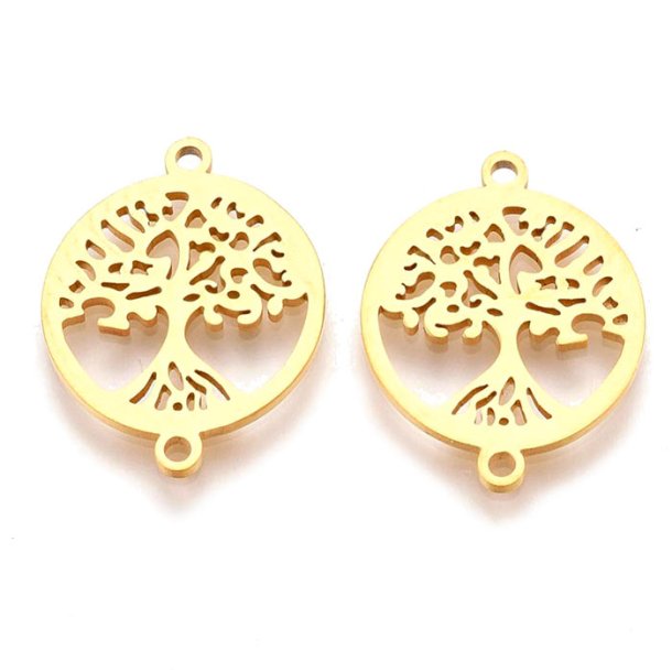 Link / connector with two loops, gold plated steel, round, with tree of life, 19x15x1mm, 1pc