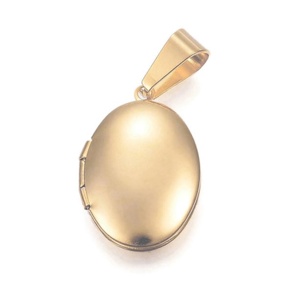 Pendant, gold-plated steel, oval picture locket, 24x16 mm, 1 piece