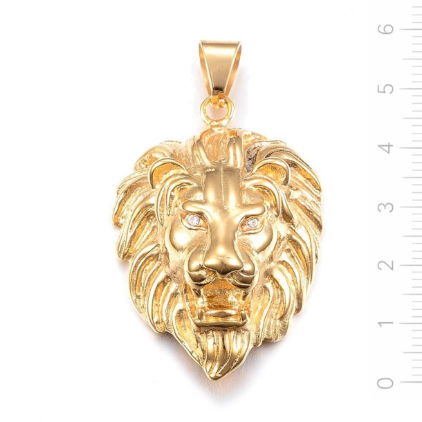 Pendant, lion�s head with crystal eyes, gold-plated steel, 48.5x35.5 mm, 1 pc