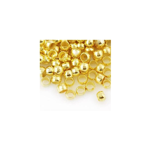 Crimp/bead, rounded, gilded, 2x3mm, hole size 2mm, approx. 75pcs.
