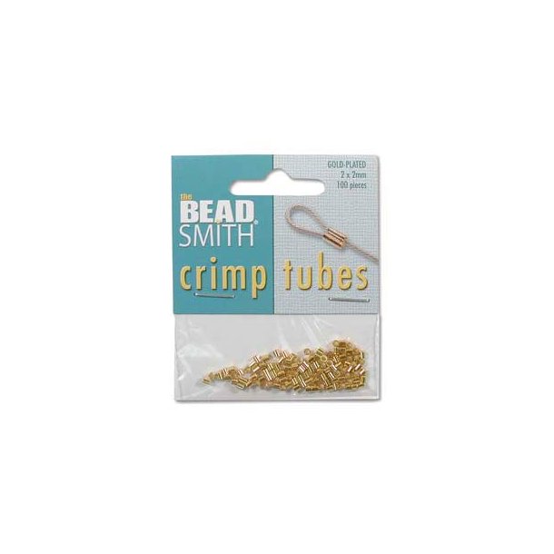 Crimp beads, tubular beads, gold plated brass, extra strong, 2x2 mm, 100pcs